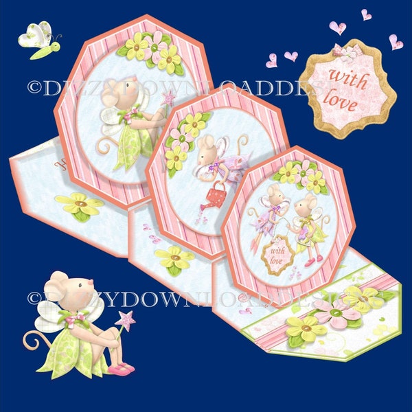Fairy Mice Triple Octagonal Easel Card with Envelope and Decoupage Ready to Print Downloadable Card Digital Card INSTANT DOWNLOAD