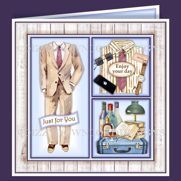 All Suited Downloadable Card Front with Inserts Decoupage Male Birthday Father's Day Digital Download Instant Download Ready to Print