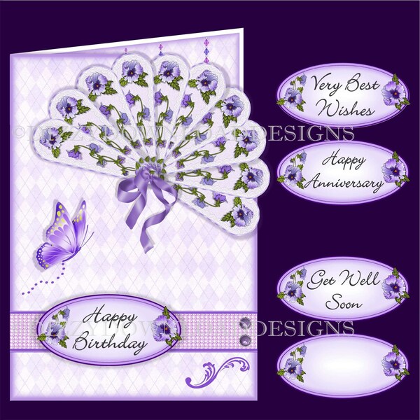 FANtastic Pansies Downloadable Fan Card Kit Decoupage Digital Download INSTANT DOWNLOAD Birthday Anniversary Get Well Card Ready to Print