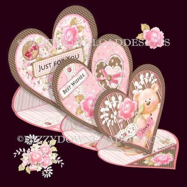 Beary Special Triple Heart Easel Card  Downloadable Card Kit Decoupage Instant Download Birthday Mothers Day Valentines Card Ready to Print