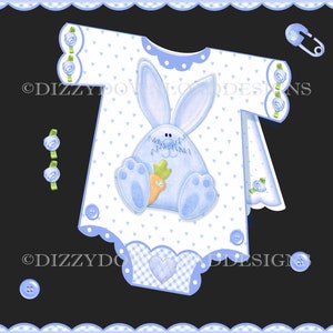 Kit de cartes téléchargeables lapin grenouillère, enveloppe de découpage, téléchargement numérique, carte de bébé garçon nouveau-né prête à être imprimée, téléchargement immédiat