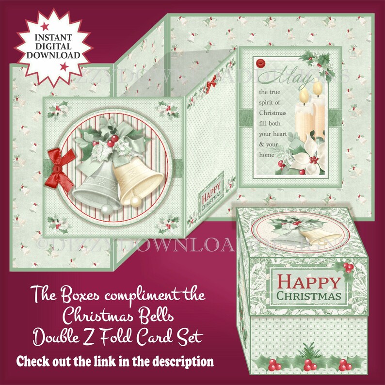May include: A green and white Christmas card set with a double Z fold design. The card features a red bow, holly, and two silver bells. The card also includes a small box with a green and white design and the words "Happy Christmas".