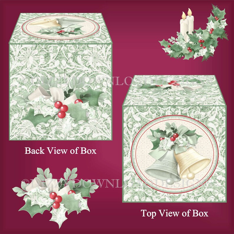 May include: A printable box template featuring a green and white holly pattern with red berries and a pair of silver and gold bells. The box is labelled "Back View of Box" and "Top View of Box".