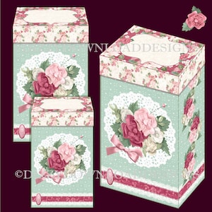 Geschenkdozen met bloemen en kant Een mooie set in drie maten. Deze dozen vormen een aanvulling op de digitale download 'Flowers & Lace Easel Card Kit'