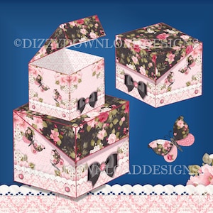 Blüten Blüten und Schmetterlinge 3er-Set Klappdeckel Geschenkboxen Digitaler Download Sofortiger Download Herunterladbare Boxen, die zum Drucken bereit sind
