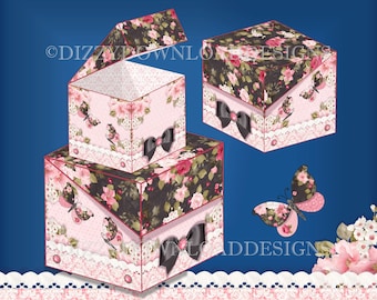 Set di 3 scatole regalo stampabili con coperchio a ribalta Blossoms Blooms & Butterflies DOWNLOAD IMMEDIATO Pronte per la stampa