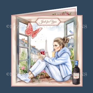 Tarjeta descargable de ventana Girl In Paris con inserciones Tarjeta de regalo Decoupage Envy Listo para imprimir DESCARGA INSTANTÁNEA para cumpleaños y Día de las Madres