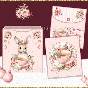 Op de afbeelding: Roze briefpapier set met een konijn, theekopje en macarons ontwerp. De set bevat een stapel kaarten, een envelop en een kaart met de tekst "Christmas Tea". Bloemen- en ornamentaccenten.