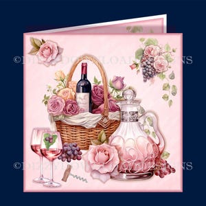 May include: A pink and white card with a basket of pink roses, a bottle of wine, a glass decanter, two wine glasses, and a corkscrew. The card has a pink background and a white border.