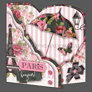 Tarjeta desplegable parisina Parasol Wraparound, descarga digital. Cumpleaños, Día de la Madre, Amistad