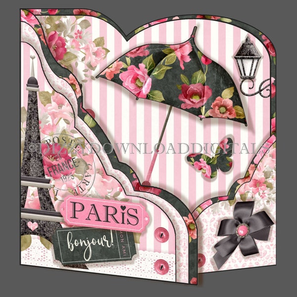 Parisian Parasol Wraparound Gatefold Card, Digital Download. Birthday, Mother's Day, Friendship