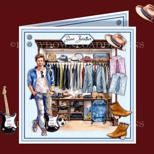 Fashion Maestros Garderobe Herunterladbare Karte Vorderseite mit Einsätzen und Decoupage Alle bereit, SOFORTIGER DOWNLOAD männlich Geburtstag zu drucken