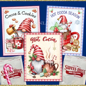 Peut inclure: Image festive avec trois panneaux décoratifs avec des illustrations de gnomes et les mots "Cocoa & Cookies" et "Hot Cocoa Season". L'image comprend également deux sachets de mélange de chocolat chaud Swiss Miss et un sucre d'orge, parfait pour les fêtes.