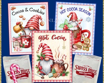 May include: A festive image featuring three decorative signs with gnome illustrations and the words "Cocoa & Cookies" and "Hot Cocoa Season". The image also includes two bags of Swiss Miss hot cocoa mix and a candy cane, perfect for the holiday season.