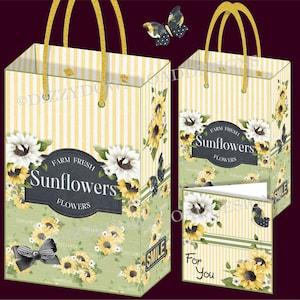 Sacolas de presente para download de girassol com cartões-presente para impressão Download digital DOWNLOAD INSTANTÂNEO 2 sacolas de presente prontas para imprimir