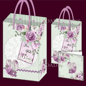 Sacolas de presente para download com corações florais e etiquetas com cartões-presente para impressão Download digital DOWNLOAD INSTANTÂNEO 2 sacolas de presente prontas para imprimir