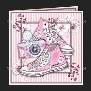 Funky Sneakers Scheda scaricabile Frontale con inserti Decoupage Download digitale Download immediato Scheda di compleanno per ragazze adolescenti pronta per la stampa