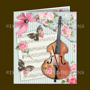 Cartão digital Cello and Roses com vários encartes Decoupage Envy, pronto para imprimir, DOWNLOAD INSTANTÂNEO para aniversários femininos e dia das mães