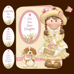 Kit de cartão para download Floral Basket Girl Download digital DOWNLOAD INSTANTÂNEO Querida filha, neta, sobrinha, cartão de aniversário pronto para imprimir