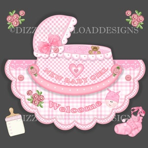 Rock a Bye Baby Girl OTT New Born Baby Girl Herunterladbares Kartenkit mit Decoupage und Umschlag Herzlichen Glückwunsch zum neuen Baby