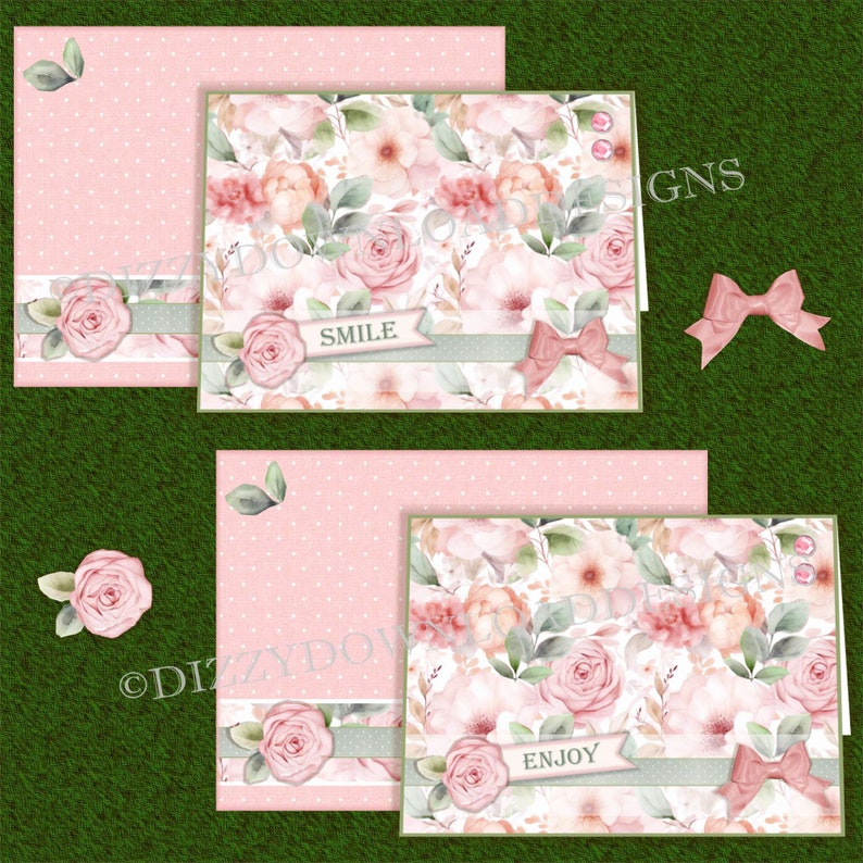 May include: Two pink floral cards with a white background and green leaves. The top card has the word "SMILE" on a green ribbon. The bottom card has the word "ENJOY" on a green ribbon.
