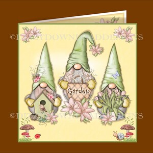 Kit de cartões para download de gnomos de jardim com decoupage e envelope Aniversário do Dia das Mães