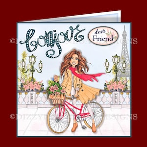 Carte numérique parisienne Bicycle Girl avec inserts Decoupage Envy, prête à imprimer, adaptée à de nombreux âges TÉLÉCHARGEMENT IMMÉDIAT après l'achat