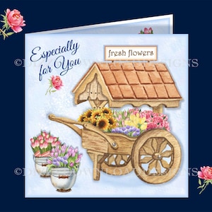 Kit di biglietti scaricabili Flower Barrow con inserti per decoupage Envy pronti per la stampa DOWNLOAD IMMEDIATO Compleanno femminile Pensionamento Festa della mamma