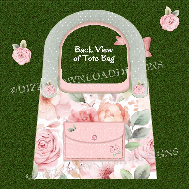 May include: A pink and green tote bag with a floral print and a small pocket on the front. The bag has a gray handle with white polka dots and a pink bow. The text "Back View of Tote Bag" is printed on the bag.
