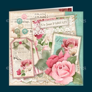 Un Jour Parfait florales Shabby Chic feminines Herunterladbares Kartenset mit Decoupage & Umschlag Geburtstag Muttertag Sofortiger Download