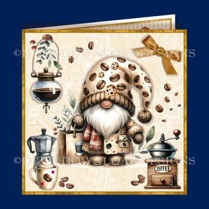 Tarjeta de cumpleaños descargable con gnomo amante del café con insertos Decoupage Envy Todo listo para imprimir DESCARGA INMEDIATA adecuada para hombres y mujeres
