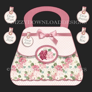 Florale Handtasche, herunterladbares Kartenset, digitaler Download, sofortiger Download, digitale Kartenherstellung, Decoupage-Geburtstags-Geldbörsenkarte, fertig zum Drucken