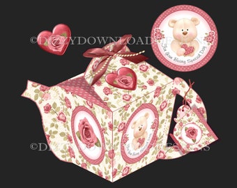 Bear Teapot Printable Gift Box Cup Shaped Gift Tag Tea Bag Wrappers Backing Paper INSTANT DOWNLOAD Ready to Print