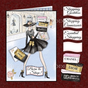 Kit de tarjeta descargable Born To Shop Descarga digital DESCARGA INSTANTÁNEA Tarjeta de compras de moda de diseñadora de cumpleaños femenina Lista para imprimir hoy