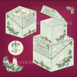 May include: A green and white Christmas gift box with a holly and candle design. The box is open and the lid says "Happy Christmas".