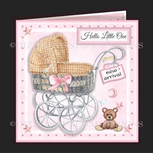 Baby Girl Wicker Carriage Downloadable Card with Inserts Decoupage Envy All Ready to Print INSTANT DOWNLOAD for a new born Baby Girl