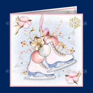Carte festive téléchargeable avec des patins et des boules de Noël avec inserts d'étiquettes Service de découpage Envy tout prêt à imprimer TÉLÉCHARGEMENT IMMÉDIAT après l'achat