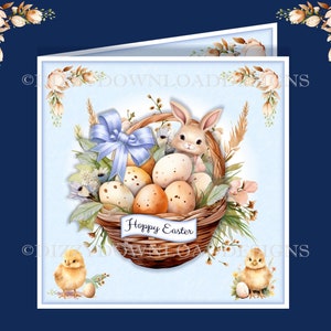 Panier avec lapin de Pâques à télécharger, recto de la carte avec inserts pour découpage, tuiles sentiment et étiquette cadeau, prêt à imprimer TÉLÉCHARGEMENT NUMÉRIQUE INSTANTANÉ