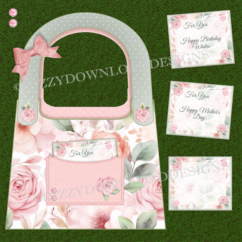 May include: A pink and green floral patterned tote bag with a handle and a pocket. The bag has a white background with pink and green floral designs. The bag has a pocket on the front with a white card that says "For You".