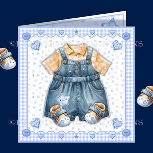 So Cute in denim downloadbare tuinbroekkaart met inzetstukken Decoupage Envy klaar om af te drukken INSTANT DOWNLOAD een mooie kaart voor kleine jongens