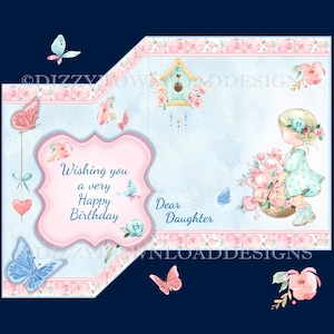 Blumenkorb-Mädchen Herunterladbare Klappkarte mit Plaques Neid-Trägerpapier bereit zum Drucken, sofortiger DOWNLOAD für Geburtstage und Muttertag