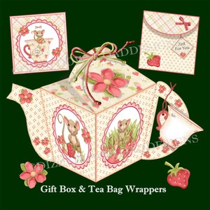 Könnte beinhalten: Ein druckbarer Satz von Teebeutelverpackungen und eine Geschenkbox-Vorlage mit einem Teekannen-Design mit einer Maus und Erdbeeren. Der Text "Just For You" befindet sich auf einer der Verpackungen.