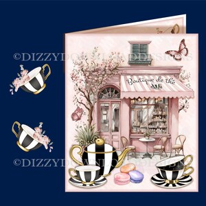 Puede incluir: Una tienda rosa con un toldo a rayas que dice "Boutique de the". Hay flores y una mariposa en el edificio. Hay una tetera y tazas de té con rayas blancas y negras sobre una superficie rosa con macarons.