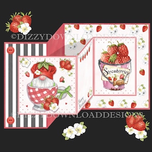 Erdbeer Gnome Doppel ZFold Herunterladbare Karte Kit Decoupage Umschlag Digitaler Download Kartenherstellung Sofortiger Download Geburtstag bereit zum Drucken