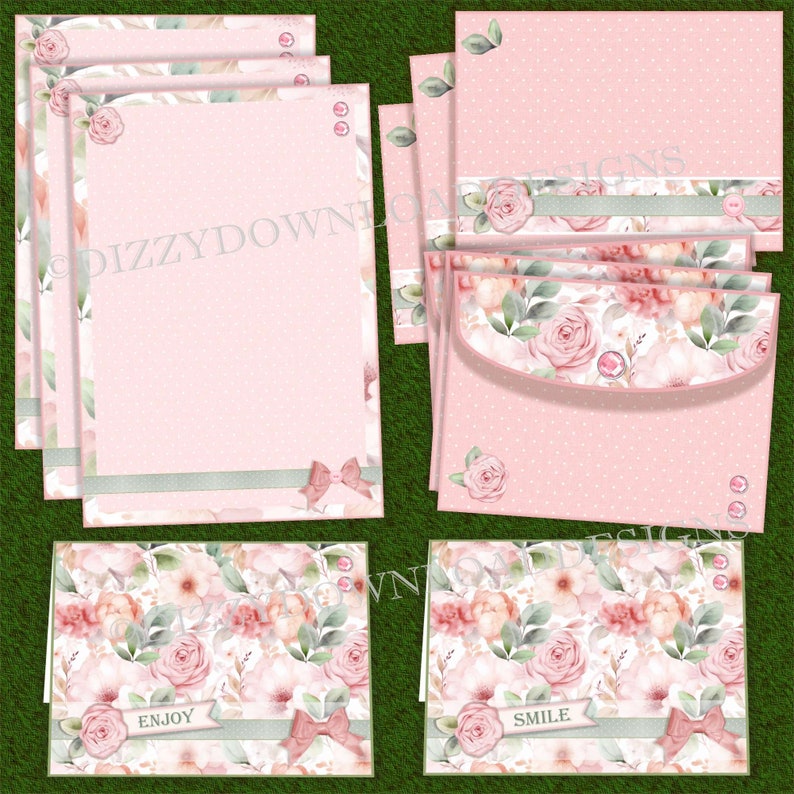 May include: Set of pink and green floral stationery with envelopes and cards. The cards have the words "Enjoy" and "Smile" on them.
