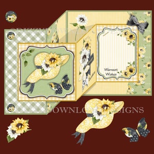Sonnenblumenhut Double ZFold Herunterladbares Kartenset Decoupage-Umschlag Digitaler Download SOFORT-DOWNLOAD Weibliche Geburtstagskarte bereit zum Drucken