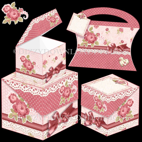 Roses Flip Lid Boxes Downloadable Set of 3 Boxes FREEBIE Pillow Purse Digital Download Printables Instant Download Gift Boxes Ready to Print