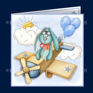 Kit de cartes téléchargeables Bunny Pilot enveloppe découpage Téléchargement instantané fils petit-fils neveu garçons/bambins carte d'anniversaire prête à imprimer