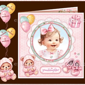 May include: A pink card with a picture of a baby girl in a white dress with a pink bow in her hair. The card says "granddaughter" and has pink teddy bears, balloons, and shoes on it.