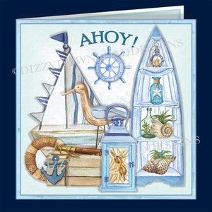 AHOY Nautisches herunterladbares Kartenset, digitaler Download, Decoupage, SOFORT-DOWNLOAD, nautische Karte zum Geburtstag, Vatertag, für Männer, fertig zum Drucken